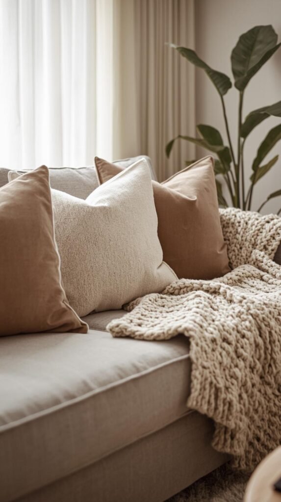 Apartment living room sofa styled with layered throw pillows in mixed textures, chunky knit throw blanket, linen curtains in background, warm cozy atmosphere, neutral color palette, inviting renter-friendly styling, lifestyle editorial photography