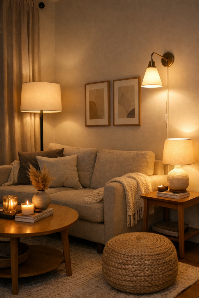 Apartment living room styled with floor lamp, table lamp, and plug-in wall sconce, warm ambient lighting, overhead light turned off, cozy evening mood, neutral decor, layered lighting at different heights, modern renter-friendly lighting inspiration