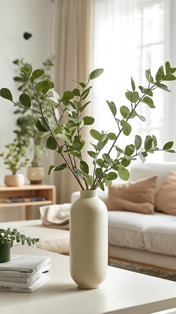 Artificial ficus branches with natural-looking leaves arranged loosely in a tall neutral vase. 