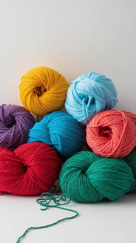 Assorted crochet yarn skeins in bright solid colors, smooth acrylic and cotton yarn textures visible, neatly stacked or loosely styled, clean background, color-forward and cheerful aesthetic, modern craft lifestyle photography, Pinterest-style, 9:16 vertical format