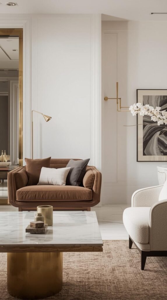 Balanced Neo-Deco interior scene showing one bold statement piece paired with simpler furnishings.