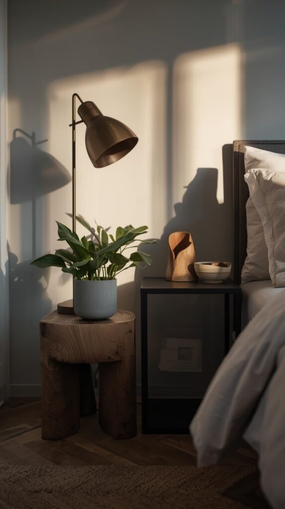 Bedroom vignette featuring mismatched nightstands_ one wood accent stool with a plant and one industrial metal nightstand beside the bed.
