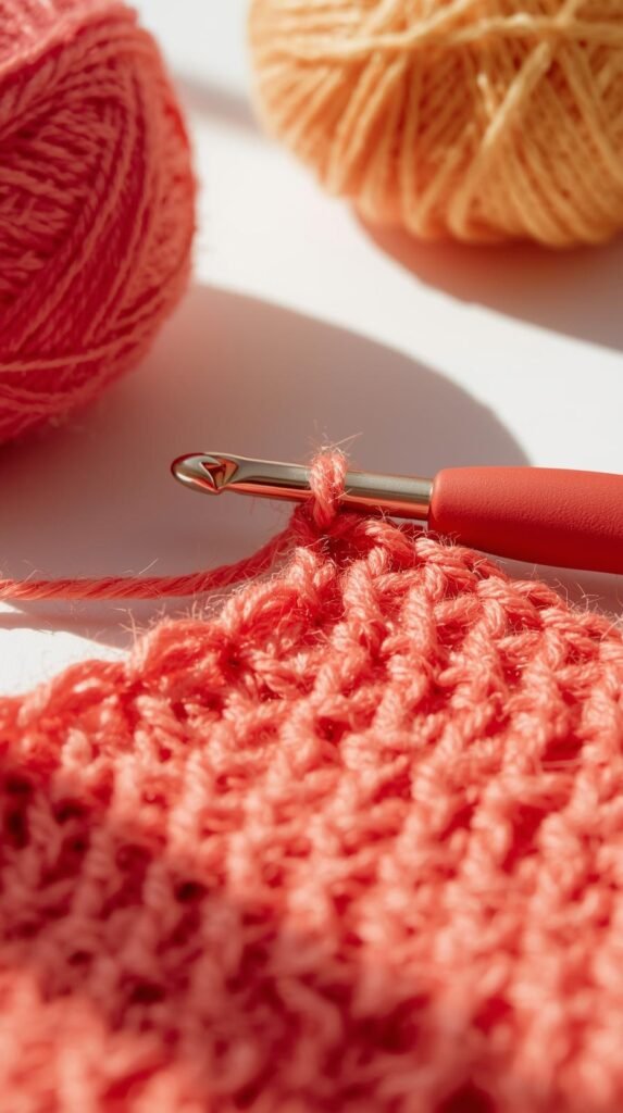 Beginner crochet setup with a single crochet hook pulling loops of yarn, close-up detail of stitches forming, colorful yarn palette.
