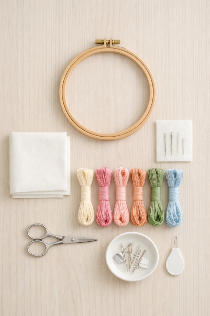 Beginner embroidery supplies arranged neatly on a light wood surface, embroidery hoop, embroidery floss in soft colors, needles, small scissors.