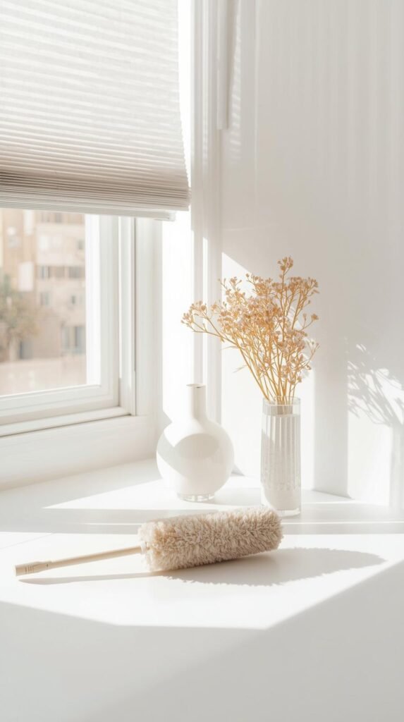 How to clean blinds - Bright, lifestyle editorial image of a clean, sunlit room with blinds open and dust-free. A microfiber duster rests casually nearby.