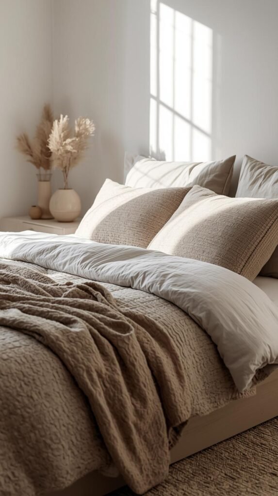 Calm bedroom scene with neutral bedding, soft pillows, and minimal bedside decor.