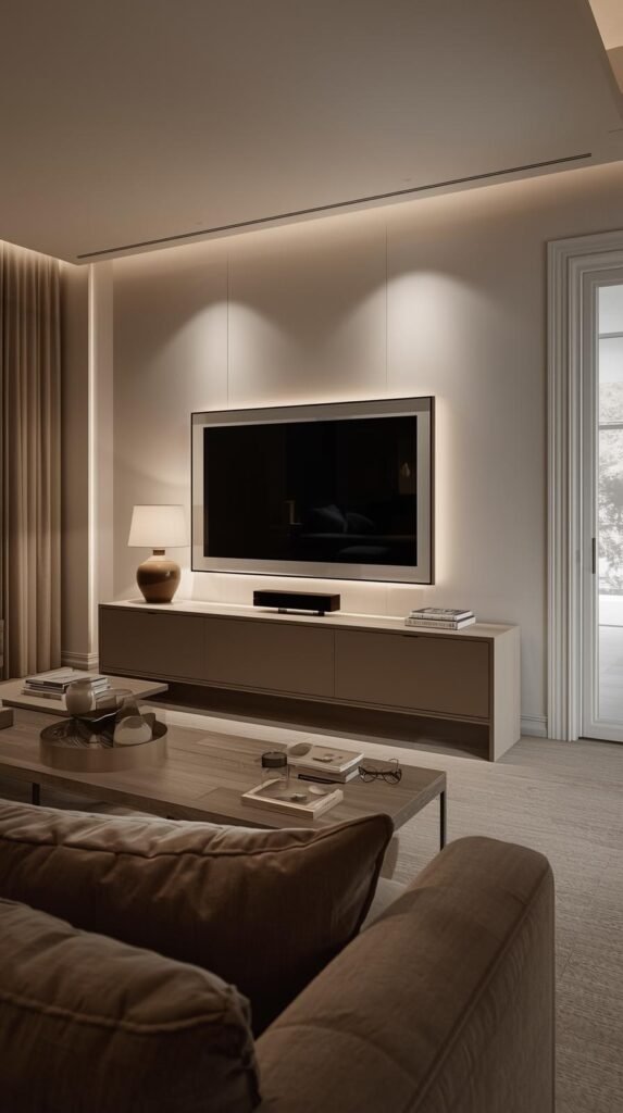 Calm styled living room with framed TV fully integrated into decor, soft lighting, neutral palette, sofa and media console visible.