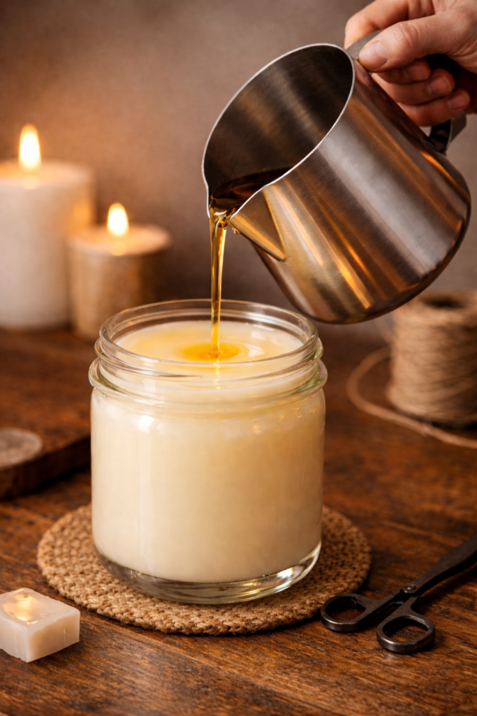 Candle fragrance oils displayed with droppers and amber bottles.