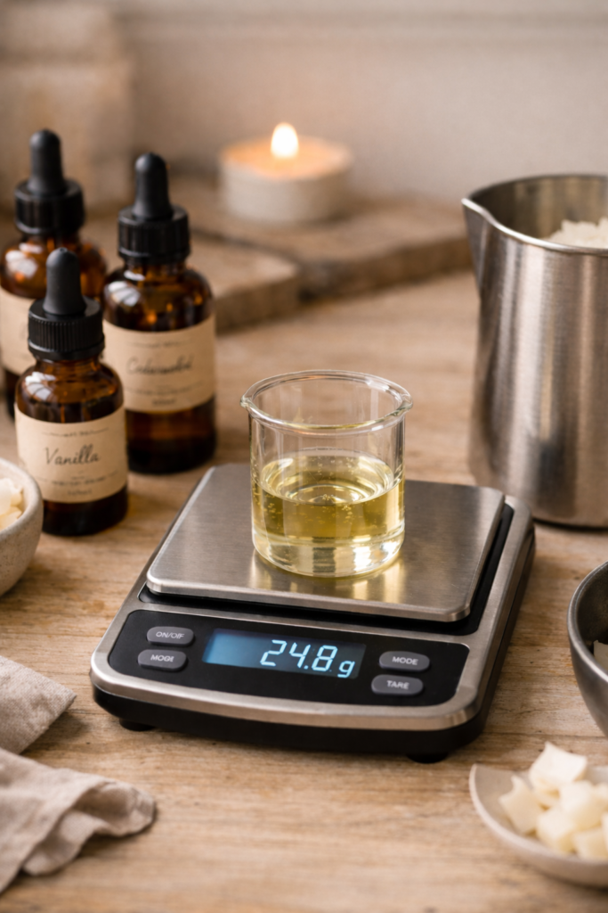 Candle fragrance oils displayed with droppers and amber bottles, digital scale visible with measured oil, wax melting pitcher nearby, clean and intentional setup, muted tones, cozy yet professional DIY vibe, editorial candle-making photography, shallow depth of field, Pinterest-style, 916 vertical image