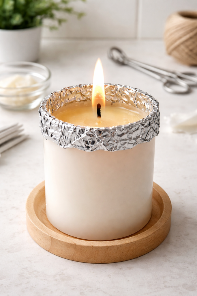 Candle wrapped with aluminum foil around the top edge while burning, wax melting evenly toward the sides.