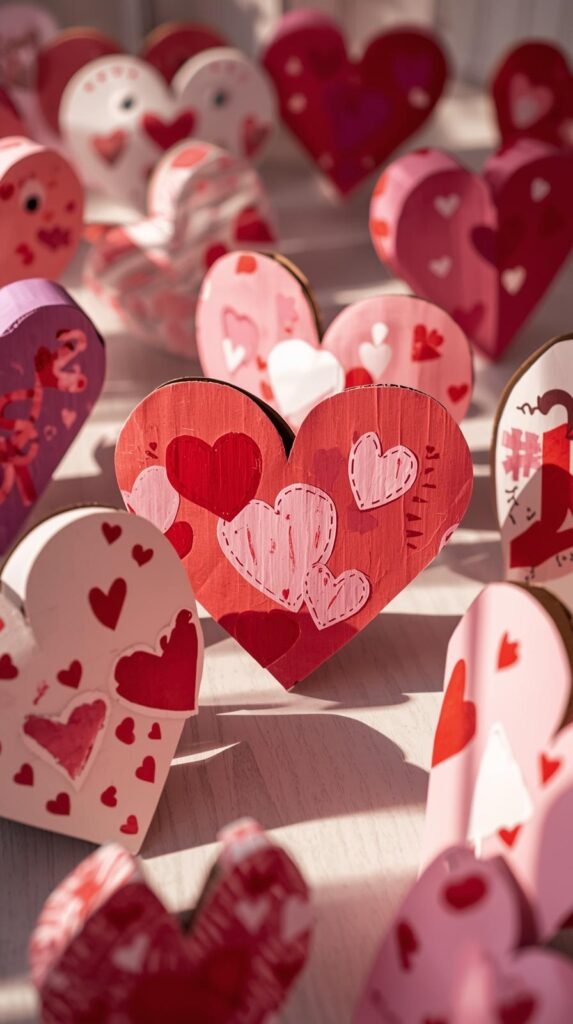Cardboard heart animals painted in Valentine colors, whimsical and creative designs, recycled materials visible.