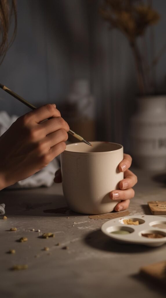Ceramic painting scene with adult hands painting a mug, neutral paint palette