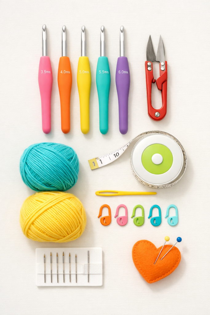 Flat lay of essential beginner crochet tools including ergonomic crochet hooks, yarn snips, stitch markers, measuring tape, arranged neatly on a light surface, bold colorful accents,
