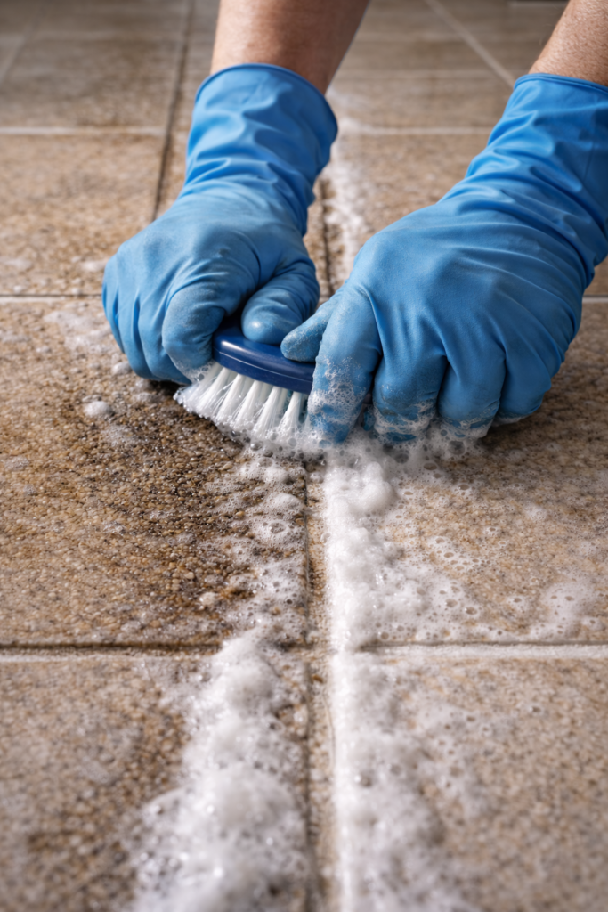 Action-focused shot of professional-grade grout cleaner applied to a tile floor.
Gloved hands scrubbing grout with a firm brush, visible grime lifting, dramatic cleaning moment, modern home interior, overhead lighting, realistic editorial cleaning photography, high contrast detail.