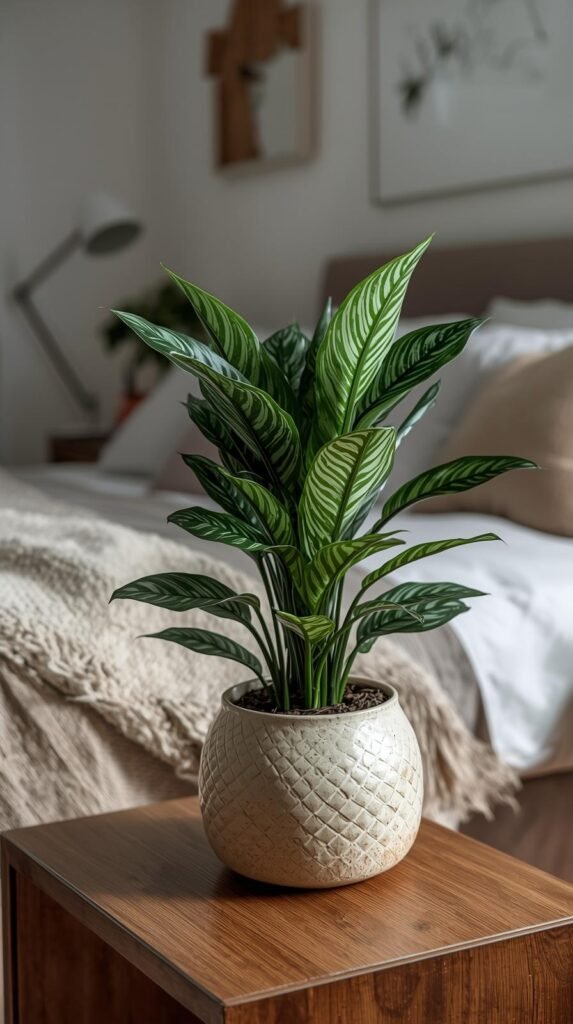 Chinese evergreen plant in a decorative ceramic planter inside a bedroom. 