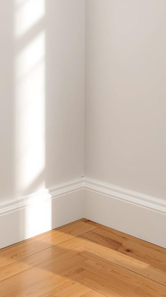 Clean interior corner of a room showing baseboards, wall, and floor intersection. Neutral paint, wood floors, minimal decor.