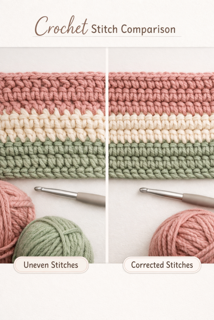 Close-up comparison of uneven versus corrected crochet stitches, same yarn colors, clean side-by-side layout.