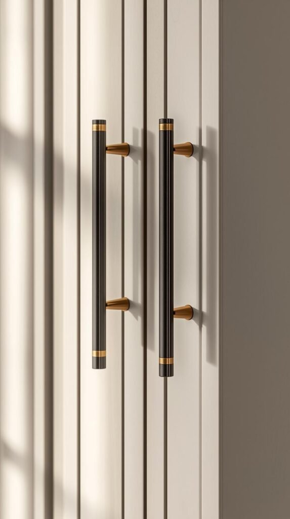 Close-up detail shot of apartment kitchen cabinets with upgraded brass or matte black pulls, soft light reflecting on hardware, neutral cabinetry, modern renter-friendly upgrade, high-end editorial detail photography