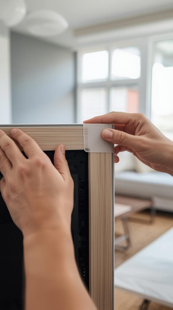 Close-up detail shot of the back of a lightweight DIY TV frame with adhesive strips and velcro applied, clean hands positioning frame onto TV bezel.