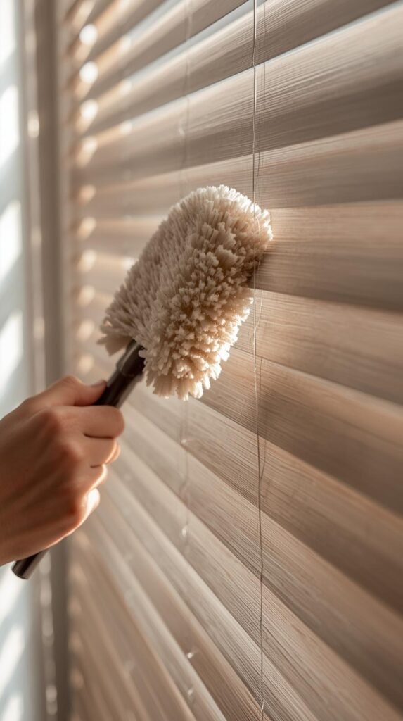 Close-up editorial image of hands using a microfiber duster on horizontal window blinds. The blinds are neutral-toned faux wood with visible slats.
