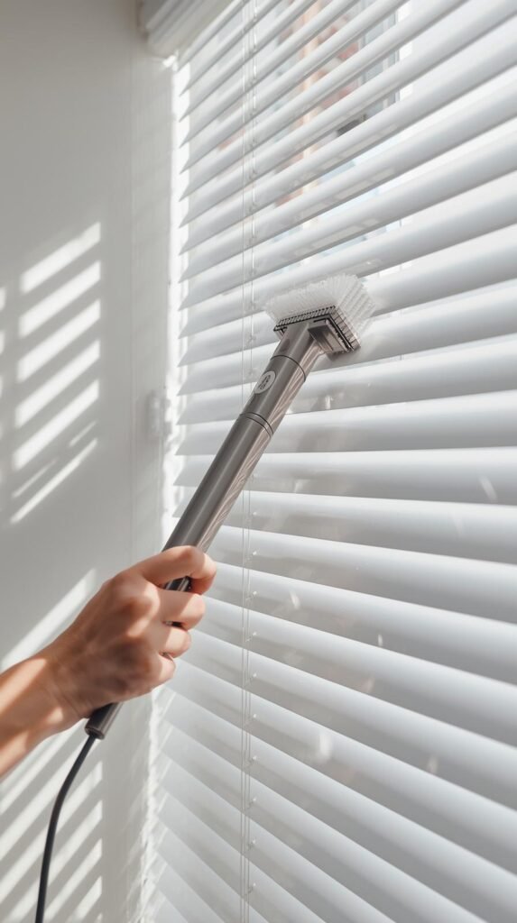 Close-up, editorial-style photo of a hand using a handheld vacuum with a brush attachment to clean white horizontal window blinds while they are still hanging.