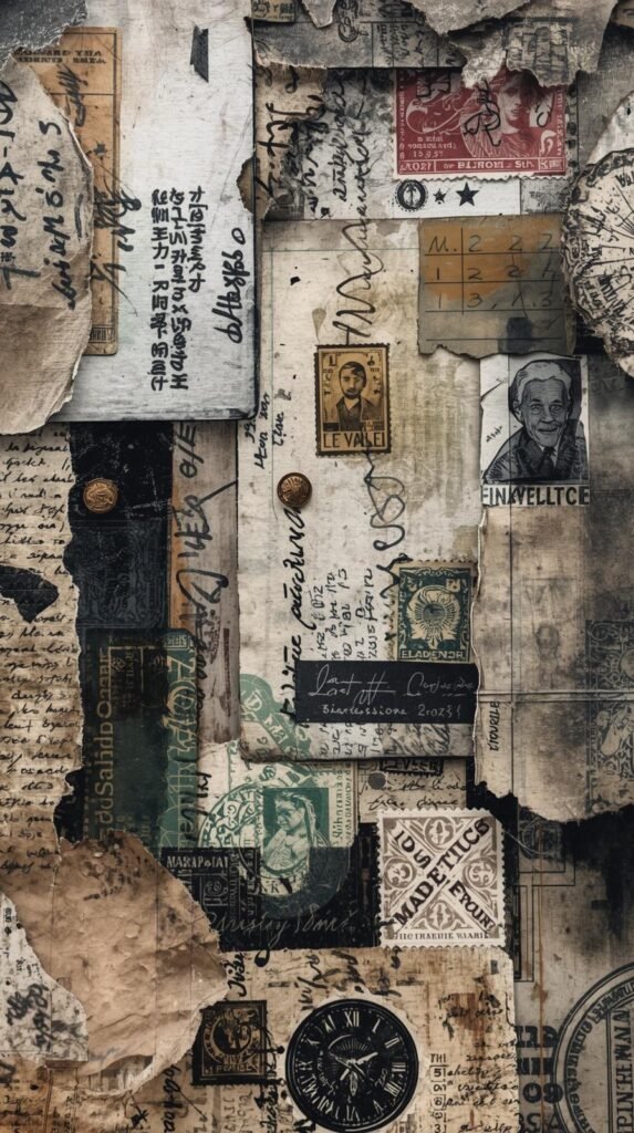 Close-up of a chunky, messy junk journal spread with torn edges, ink smudges, overlapping layers, stamps, and handwritten notes. Pages slightly warped and textured. 