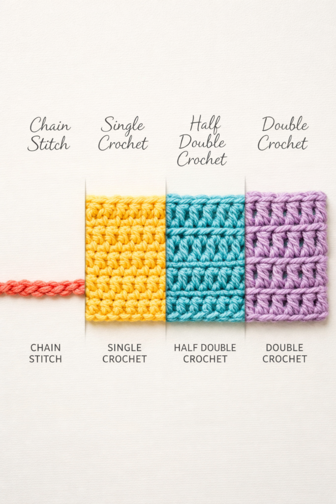 Close-up of basic crochet stitches displayed side by side, chain stitch, single crochet, half double crochet, double crochet samples in colorful yarn