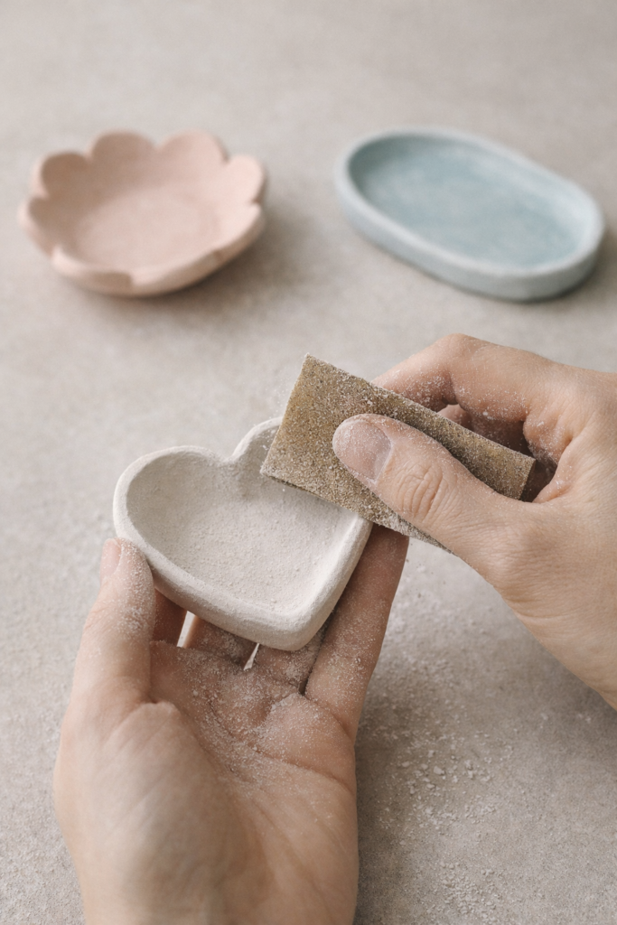 Close-up of hands sanding a dried air-dry clay piece, fine grit sandpaper visible, soft dust details