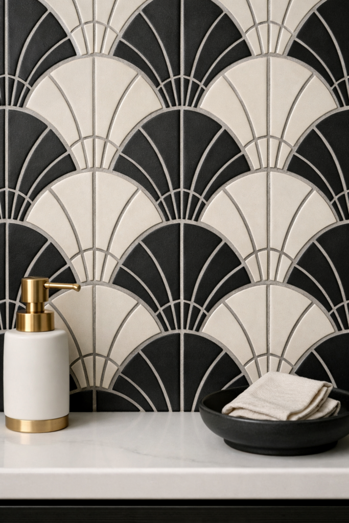 Close-up of patterned tile backsplash featuring Art Deco arch or fan motifs, matte or satin finish with contrasting grout.