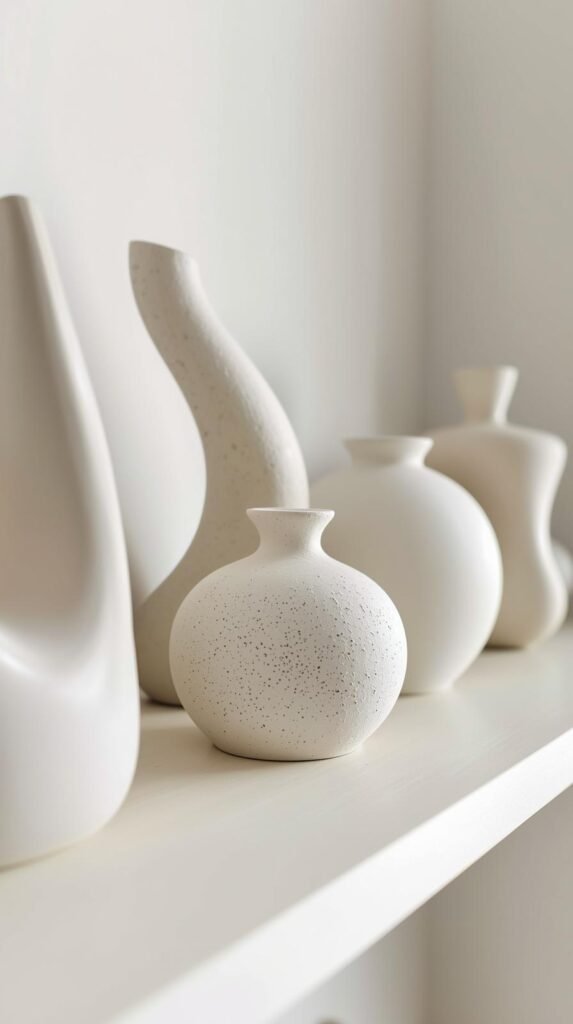 Close-up of sculptural decorative objects on a shelf or table. Abstract forms, curved silhouettes, neutral finishes.