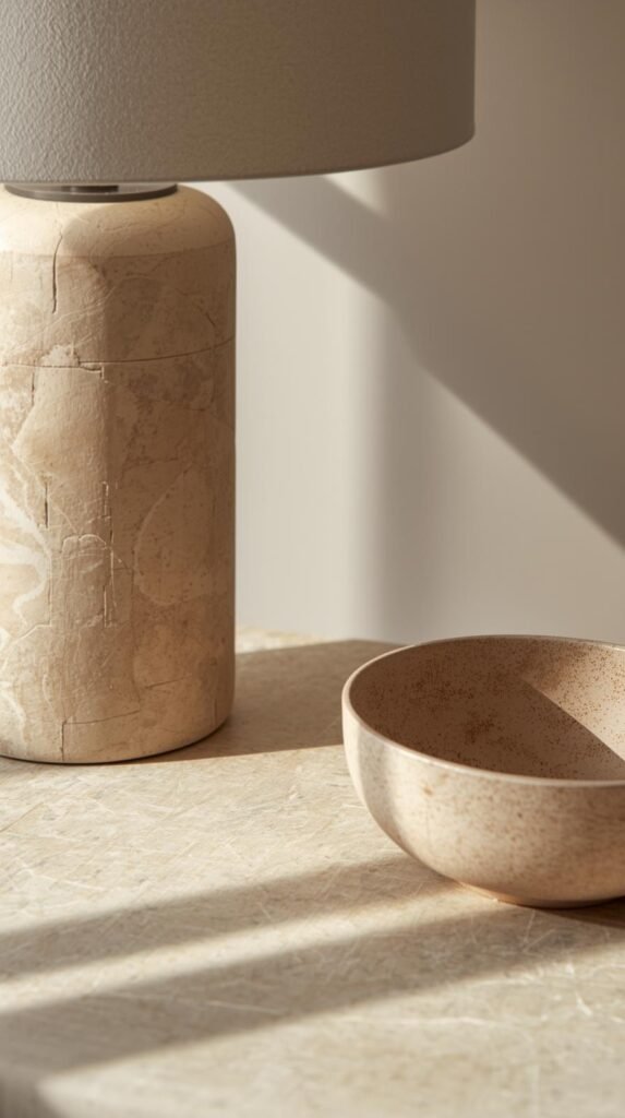 Close-up organic modern styling vignette with travertine coffee table, honed stone lamp base, ceramic bowl, subtle texture contrast.