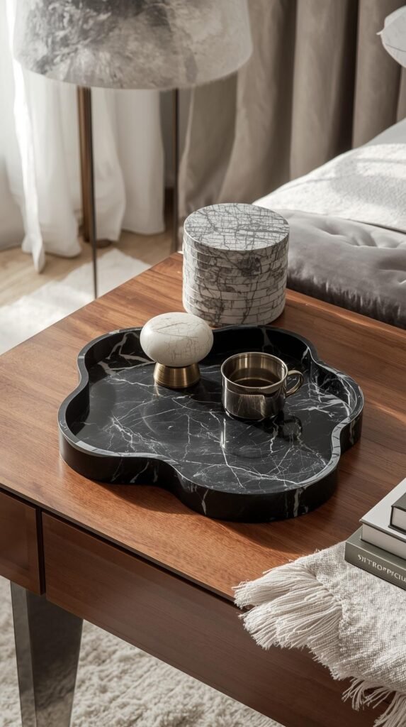Cloud-shaped Calacatta marble tray with organic, flowing silhouette, styled on a modern wooden nightstand