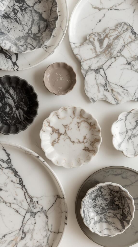 Cohesive home decor styled interior featuring multiple Calacatta marble decorative trays and scalloped bowls in different sizes and color variations