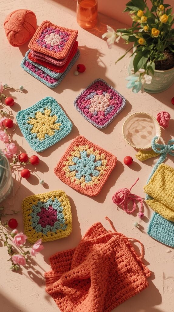 Collection of small beginner crochet projects displayed together, colorful coasters, granny squares, headbands, and dishcloths, playful color palette.