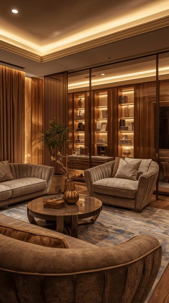 Completed Neo-Deco living space with layered lighting, curved furniture, geometric accents, and subtle metallic finishes.