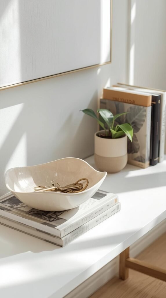Console or coffee table styled with a decorative ceramic or wood bowl holding everyday items. Soft curves, neutral tones.