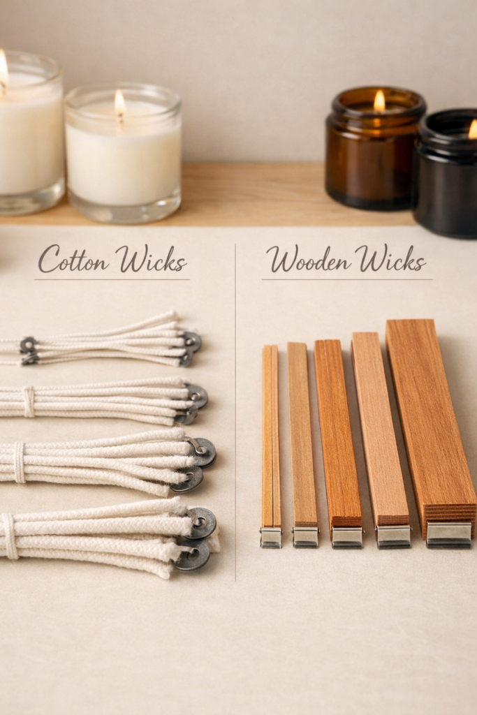 Close-up comparison of cotton candle wicks and wooden wicks laid side by side, different thicknesses visible, candle jars in background.