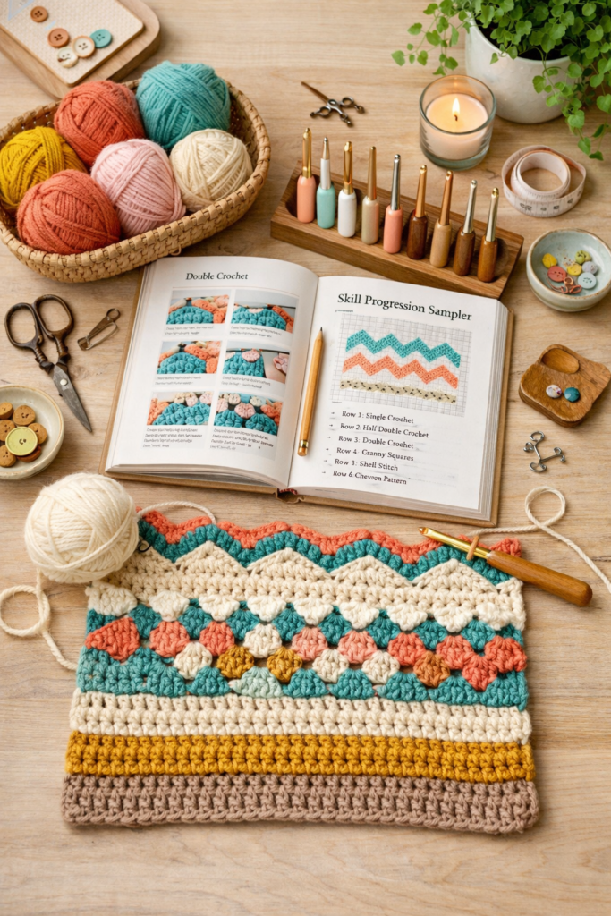 Crochet workspace with multiple yarn colors, pattern book open.
