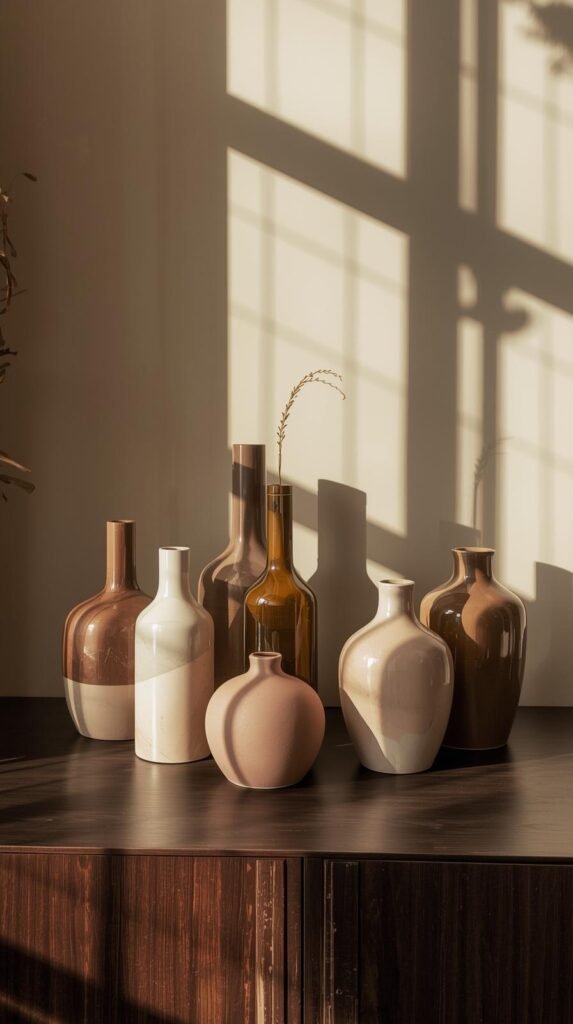 Curated set of mismatched thrifted vases styled together, cohesive color palette with varied shapes.