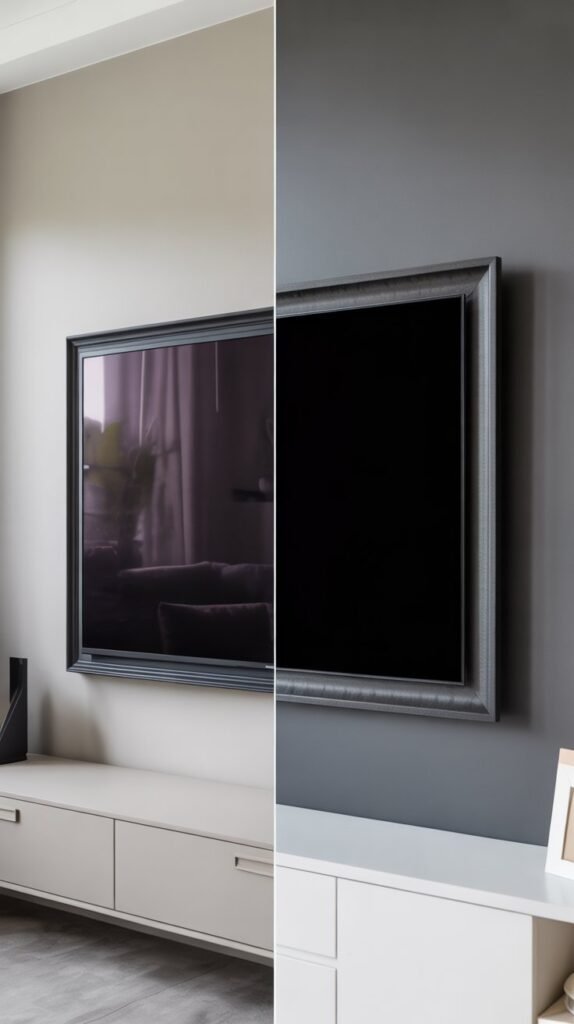 Side-by-side comparison image showing a poorly executed bulky TV frame versus a clean slim custom frame, same wall and TV size.