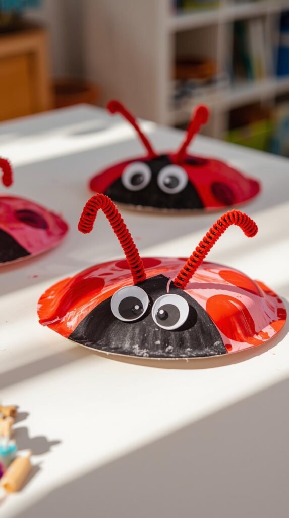 Cute paper plate love bug crafts made with red and pink paint, googly eyes and pipe cleaner antennae.