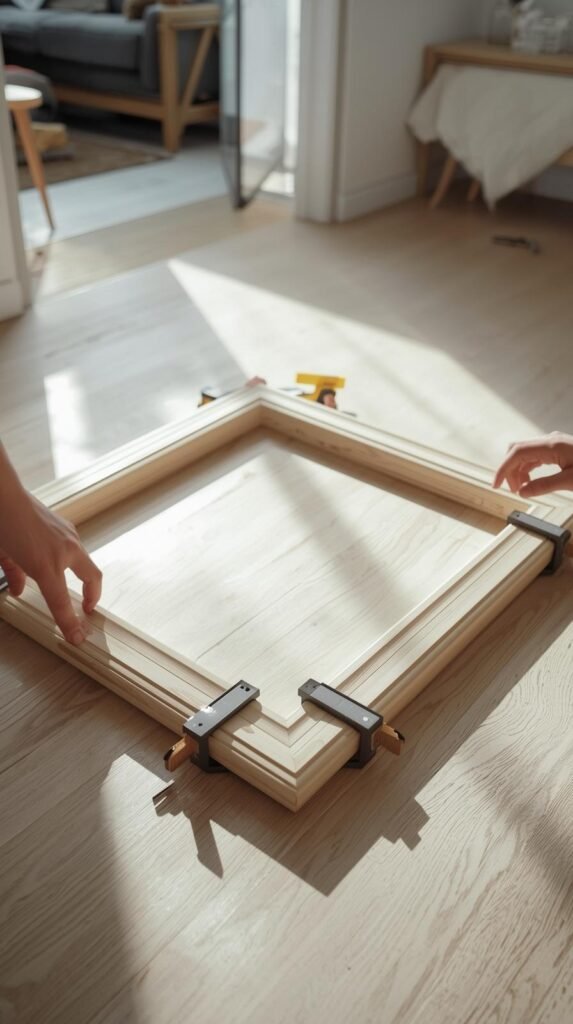 DIY workspace scene with mitered trim pieces laid out in a picture-frame shape on the floor, corner clamps attached, wood glue visible, soft natural light