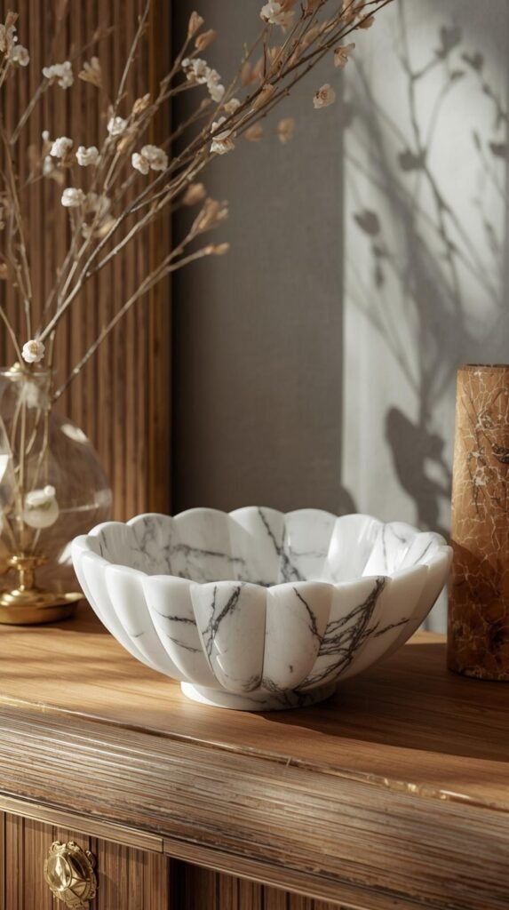 Decorative scalloped marble bowl in Calacatta stone, soft curved edges with a fluted scallop design, bold natural veining, styled on a console