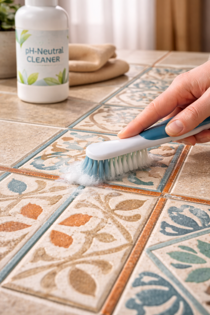 Decorative tile featuring colored grout lines. Soft-bristle brush gently cleaning grout, pH-neutral cleaner bottle nearby