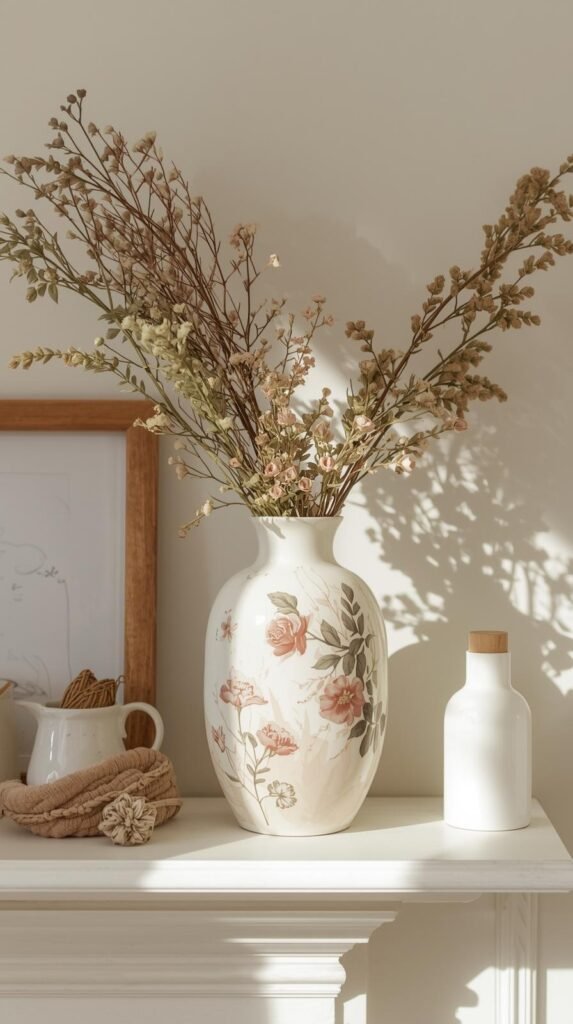 Decoupage floral vase with soft muted florals on neutral background, romantic but modern styling, cottage-inspired decor aesthetic