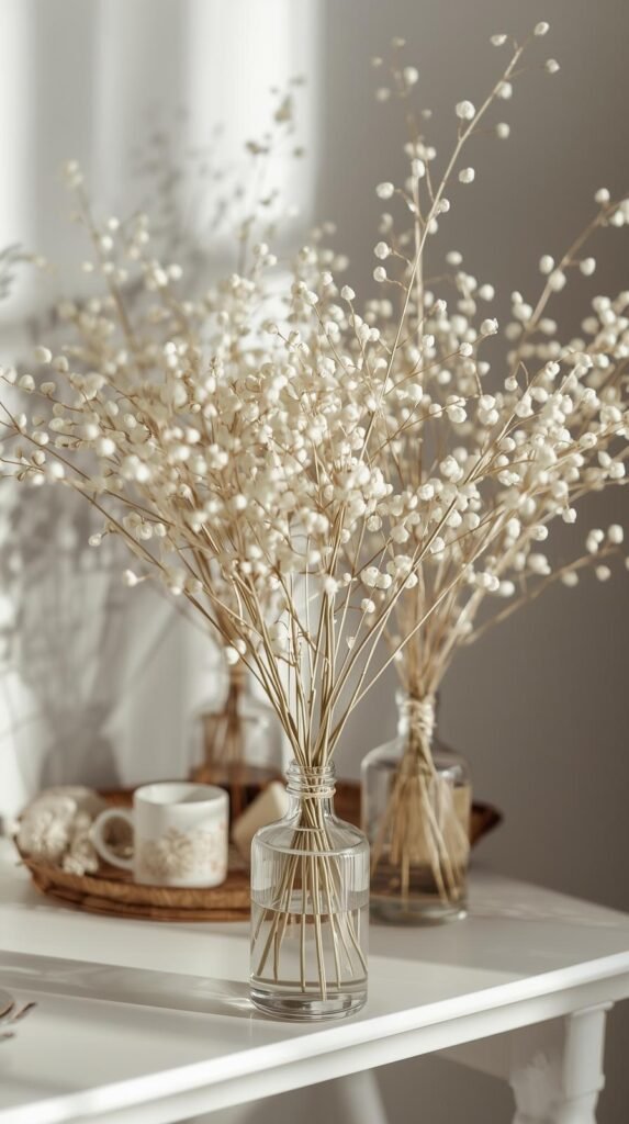 Delicate faux baby’s breath stems in creamy white arranged loosely in clear glass bud vases. 