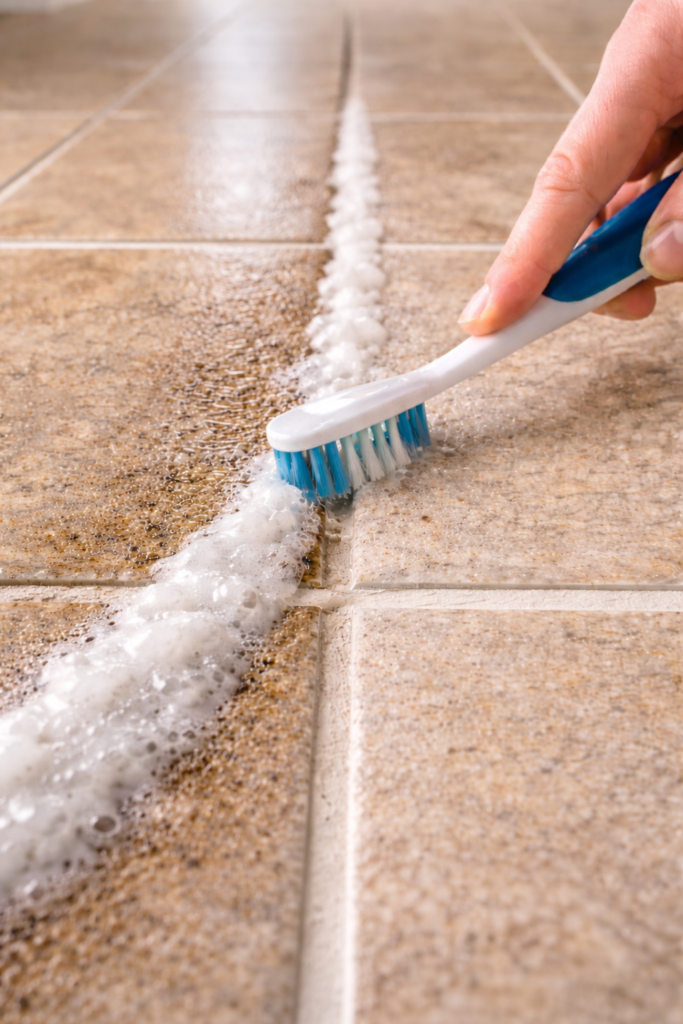 Detailed close-up of thick baking soda paste applied along grout lines. Toothbrush scrubbing motion in progress, visible contrast between dirty and cleaned grout.