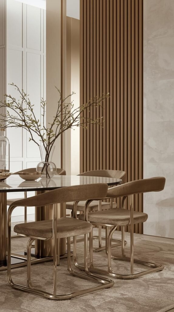 Dining chairs with tubular chrome or brass frames and upholstered seats, arranged around a modern dining table. 