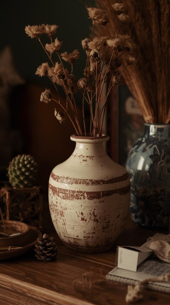 Distressed antique-style vase with layered paint finish, subtle worn edges, vintage ceramic look, warm neutral tones.