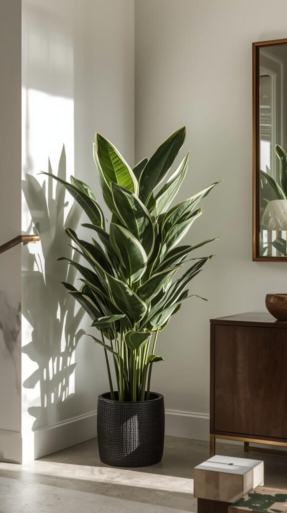 Dracaena plant styled as a floor plant in a living room or entryway. Neutral color palette, modern decor, soft indirect light.
